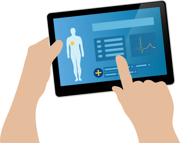 Digitale Patientenakte (ePA) auf einem Tablet – eine Hand navigiert durch medizinische Daten.
