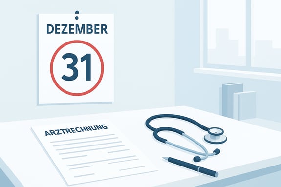 Minimalistische Illustration einer Arztpraxis mit großem Kalenderblatt zum 31. Dezember, Arztrechnung, Stethoskop und Kugelschreiber auf dem Schreibtisch – Fokus auf medizinische Privatabrechnung und Frist zum Jahresende