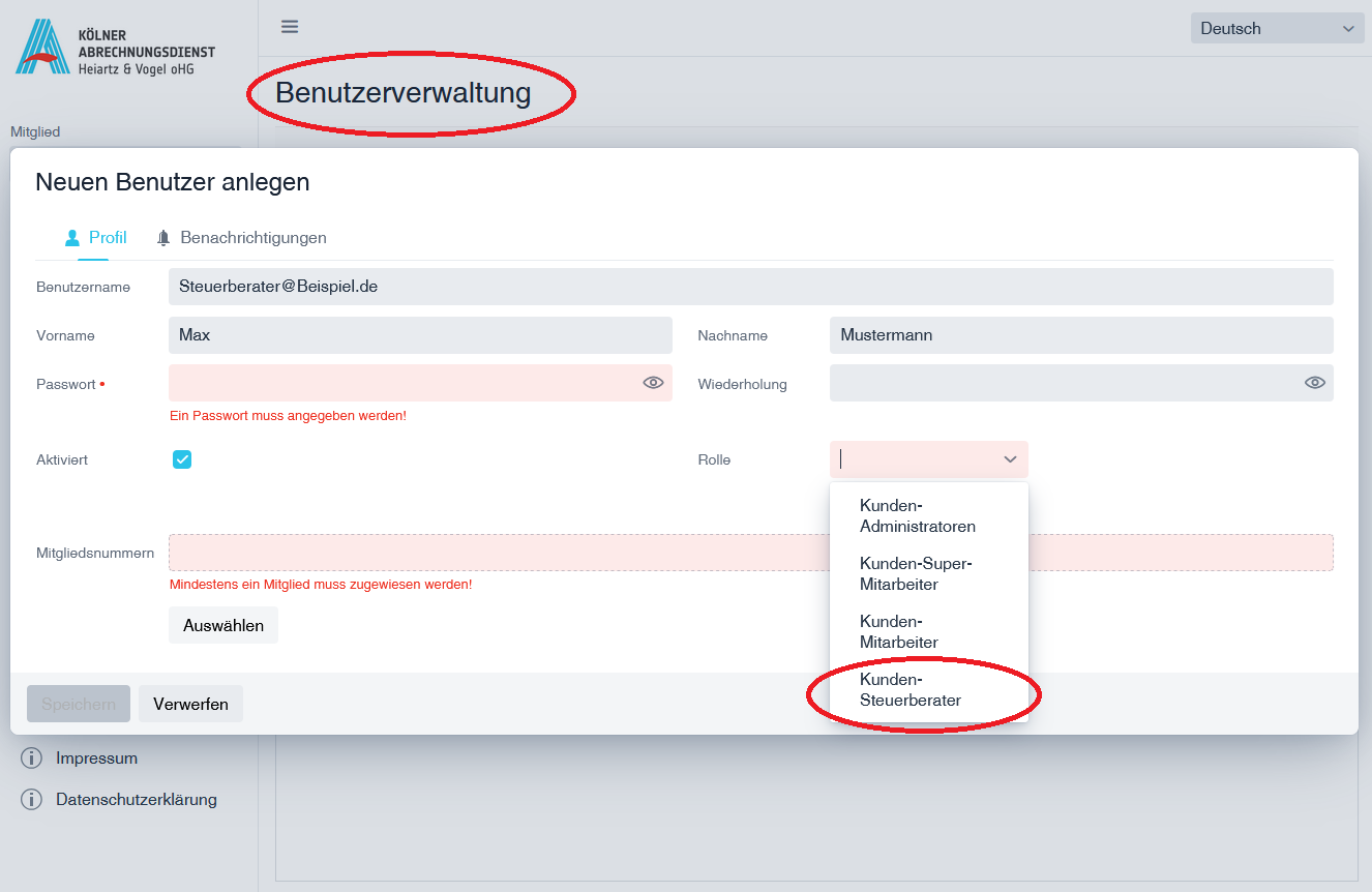 KAD-Portal Benutzerverwaltung