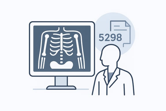 Minimalistische Illustration eines Arztes vor einem Monitor mit digitalem Röntgenbild. Im Hintergrund ist die Zahl 5298 mit einem Dokumentensymbol zu sehen – Symbol für den GOÄ-Zuschlag bei digitaler Radiographie.